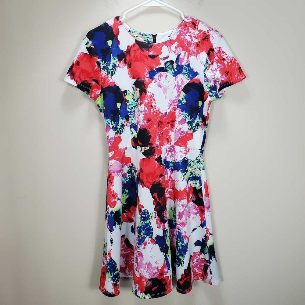 Milly Design Nation Scuba Fit Flare White‎ Floral Dress Pockets Exposed Zipper 8